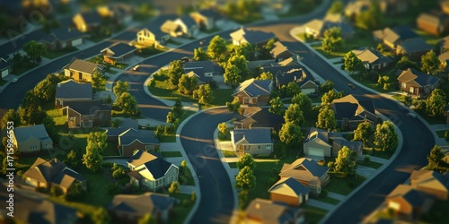 Residential neighborhood overview suburban area aerial view green environment peaceful atmosphere community life