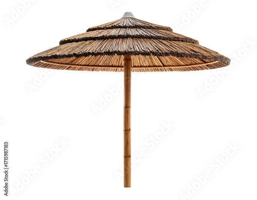 Exotic Straw Umbrella with Bamboo Pole Isolated on White Background 