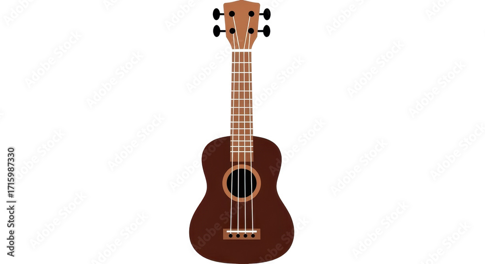Fototapeta premium Wooden ukulele musical instrument, brown acoustic guitar illustration, small four-string hawaiian guitar icon, isolated stringed instrument on white background