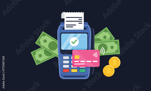 Payment terminal with credit card and cash showing money transactions for digital retail finance