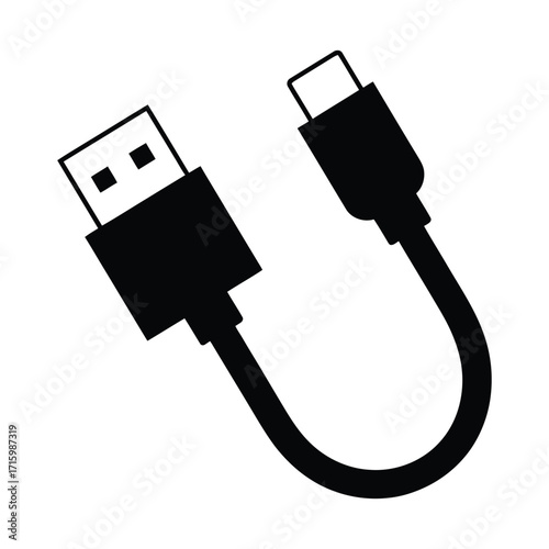 Black silhouette of a usb type a to usb type c charging and data transfer cable