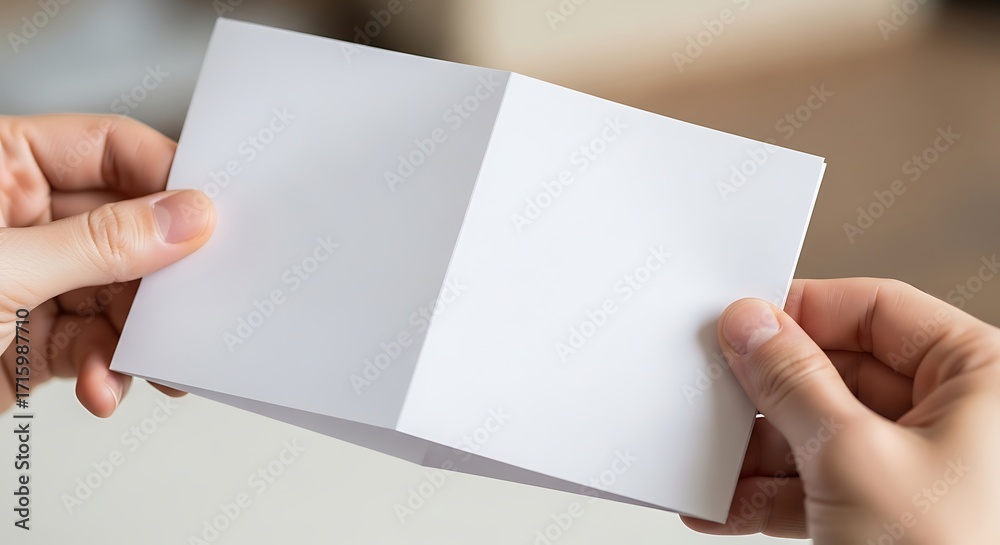 Obraz premium Hands holding a blank bi-fold brochure, mockup for invitation or flyer