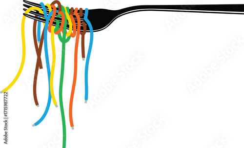 Colorful spaghetti on a fork looks like fiber optic cables connecting the world with food