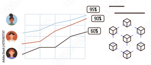 Line graph tracking progress, user avatars, percentage labels, and cube network representing collaboration. Ideal for analytics, teamwork, progress, performance, data visualization goals