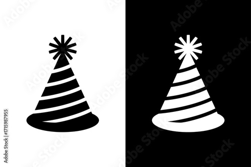 Birthday Celebration Icon Silhouette. Party Hat Glyph Vector Illustration Black White Background