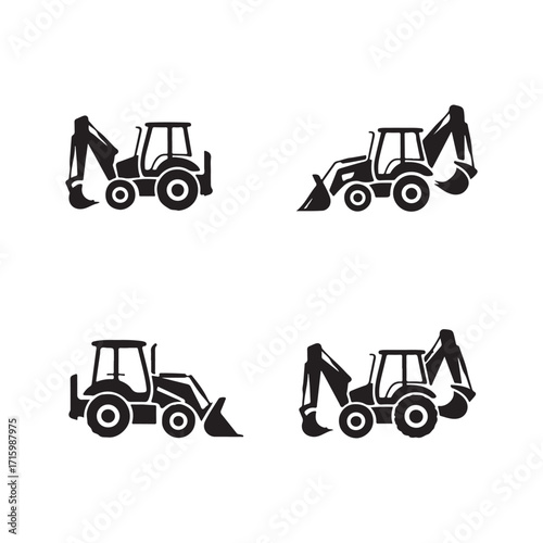 Backhoe loader heavy equipment machinery solid icons set collection