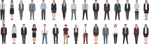Set of young men and women, different colors, cartoon character, group of silhouettes of standing business people, design concept of flat icon, isolated on transparent background