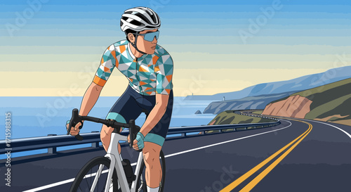 A cyclist navigates a coastal road, merging adventure with scenic beauty