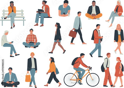 People crowd. Background flat design people vector bundle isolated on white background. Men and women, parents, kids walking outdoor.