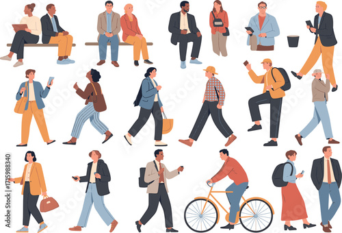 People crowd. Background flat design people vector bundle isolated on white background. Men and women, parents, kids walking outdoor.