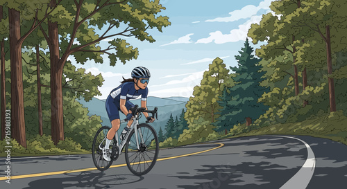 A cyclist riding on a winding road through a beautiful green landscape
