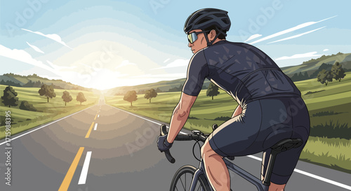 A cyclist's journey on a scenic road with a sunlit horizon landscape