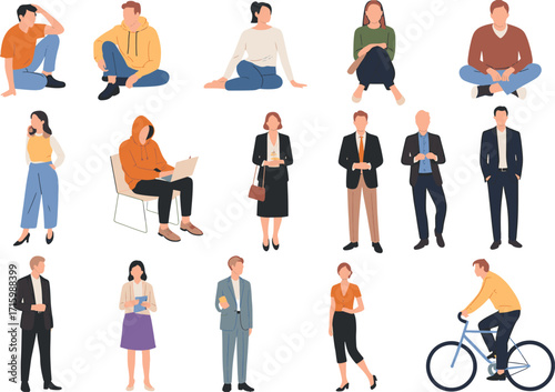 Diverse group of people in various casual and formal poses representing a modern urban lifestyle and community interactions