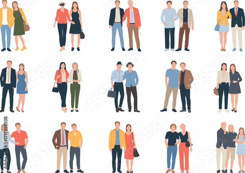 Collection of diverse couples and families in casual winter clothing standing together and posing for a group portrait