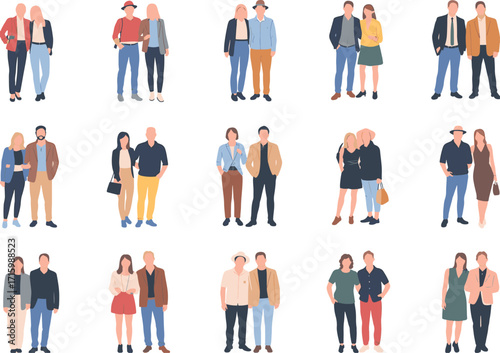Collection of diverse couples and families in casual winter clothing standing together and posing for a group portrait