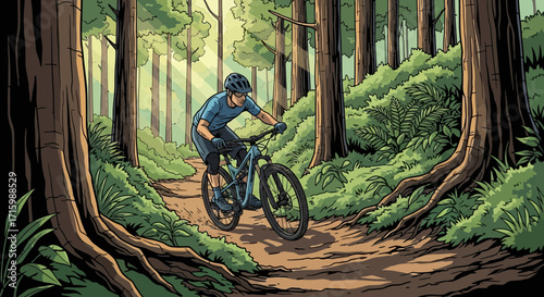 A mountain biker riding through a sunlit forest on a narrow dirt trail