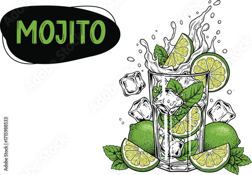 Refreshing mojito cocktail drink with lime and mint creates a vibrant summer refreshment concept