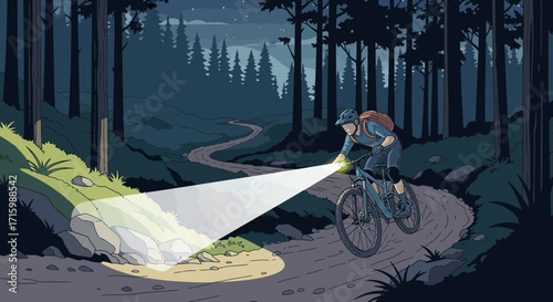 A nocturnal mountain biker navigates a forest trail with headlight