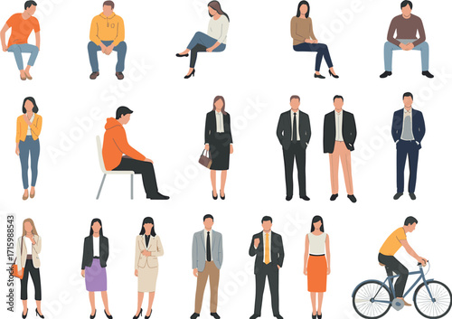 Diverse group of people in casual clothing engaged in various activities like sitting standing and cycling presented in a flat design style