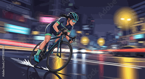 A female cyclist speeding through a dynamic urban night cityscape