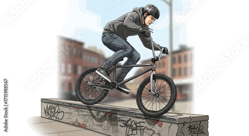 A street artist performing stunts on a BMX bicycle in an urban city