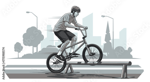 A Skilled BMX Rider Performing a Grind on a Rail in an Urban Setting