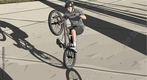 A young man skillfully riding his BMX bike and performing a wheelie
