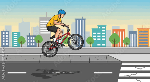 A young man performs a bike trick in an urban landscape cartoon