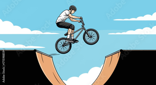 A Thrilling Cartoon BMX Rider Performing Stunt on Ramp Against Blue Sky