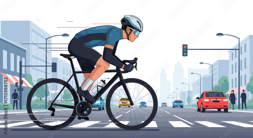 Fototapeta premium Animated cyclist riding on urban roads with cityscapes and car traffic
