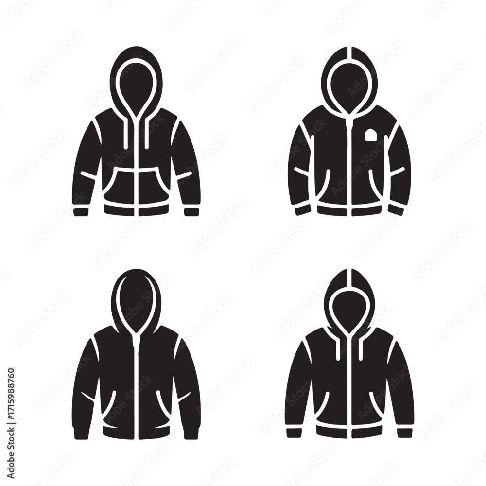Hoodie zip up modern fashion apparel solid icons set