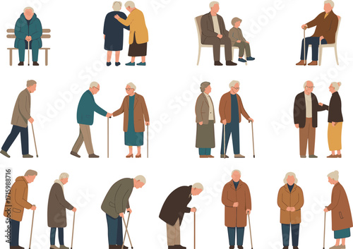 Collection of diverse elderly people in various poses and interactions representing different aspects of senior life and aging with dignity