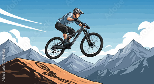 Aerial mountain biker catching air over stunning mountain landscape