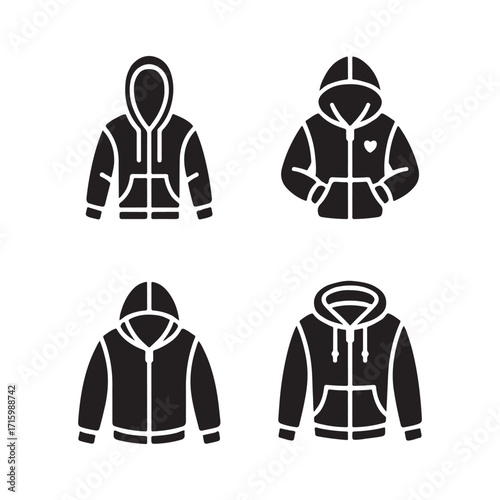 Hoodie zip up casual wear garment solid icons set