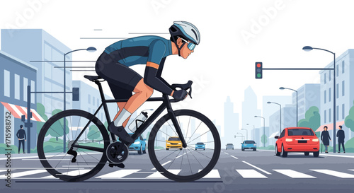 Animated cyclist riding on urban roads with cityscapes and car traffic