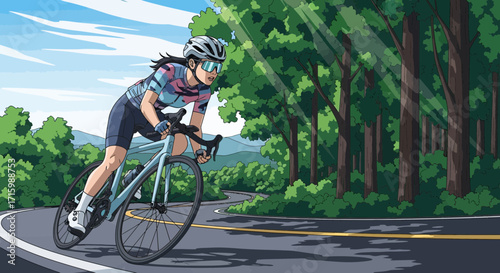 Animated cyclist traversing winding roads through dense forest greenery