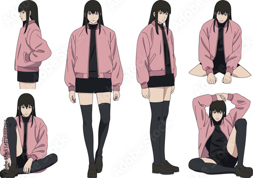 Collection of stylish young women wearing trendy pink bomber jackets and thigh high boots in various poses