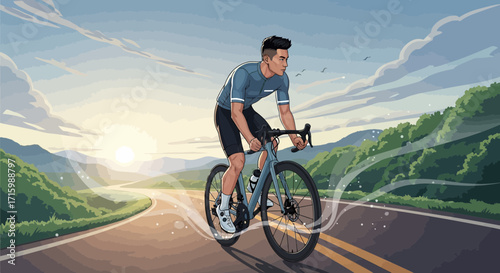 Athlete cyclist riding road bike outdoors against scenic nature landscape