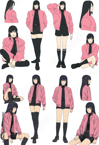 Collection of stylish young women wearing trendy pink bomber jackets and thigh high boots in various poses