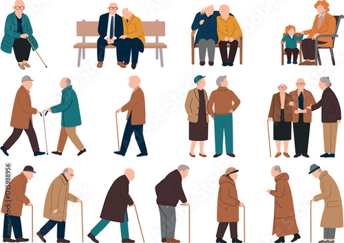 Diverse group of elderly men and women depicted in a flat design style showcasing various activities and mobility aids