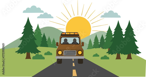 Adventurous family road trip in a suv through a vibrant forest during a beautiful summer day