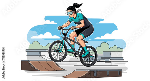 Cartoon female cyclist performing a trick on a ramp in a skatepark