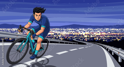Cartoon cyclist races uphill on a winding road at night with city lights