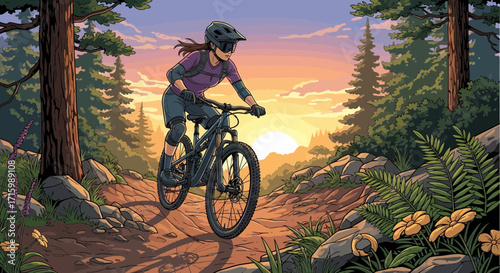 Cartoon illustration of a woman mountain biking at sunset in the forest