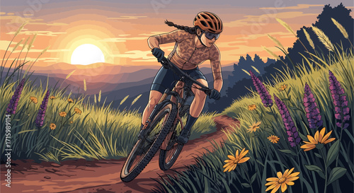 Cartoon Illustration of a woman cycling at Sunset, on a mountain bike