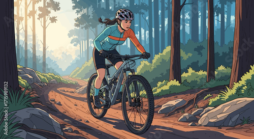 Cartoon illustration of a woman mountain biking through a dense forest