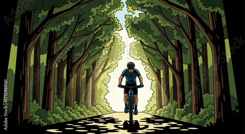 Cartoon illustration of cyclist rides through forest alley adventure