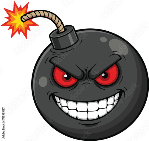 Cartoon bomb with evil grin and glowing fuse ready to explode and cause problems soon