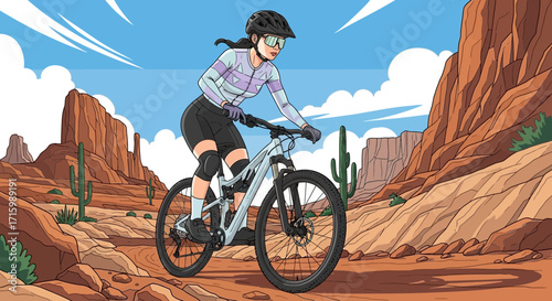 Cartoon illustration of woman mountain biking through desert landscape