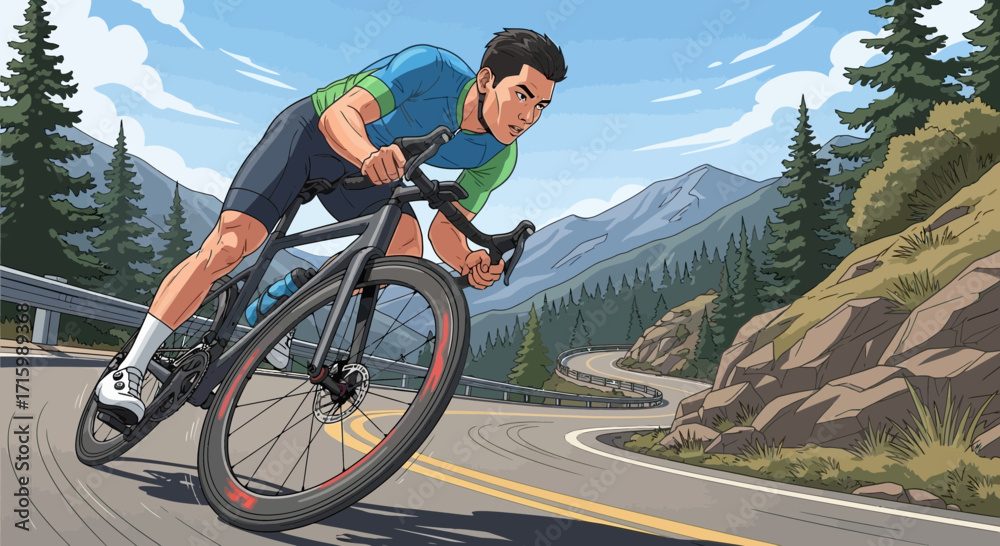 Fototapeta premium Cyclist conquers winding mountain road, blending sports and nature's beauty